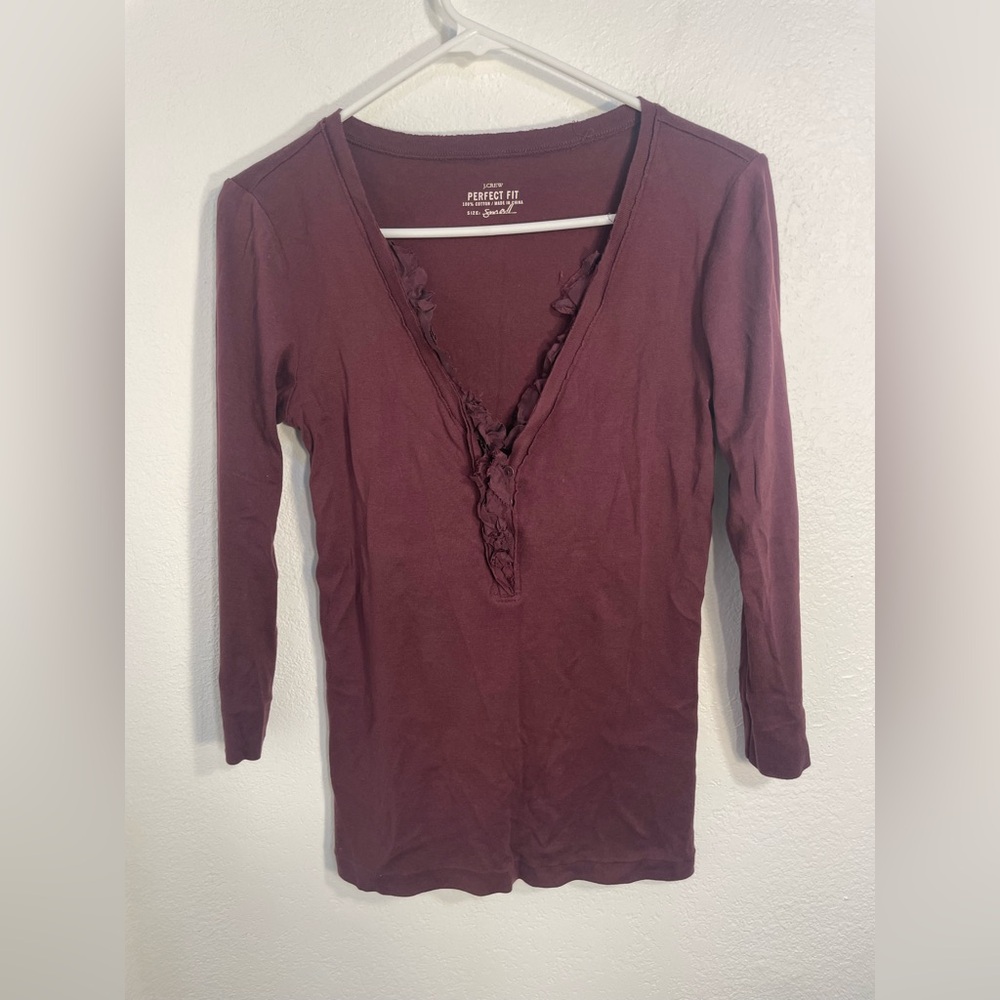 J. Crew perfect fit Burgundy V-Neck 3/4 Long Sleeve Tee, size S
